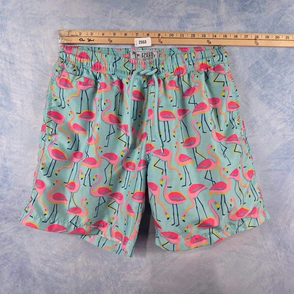 Free Planet Mens Flamingo‎ Print Swim Trunks Aqua Blue Pink Medium